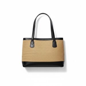 MAXX New York woven satchel tote w/ black leather trim and handles. 10x5x14